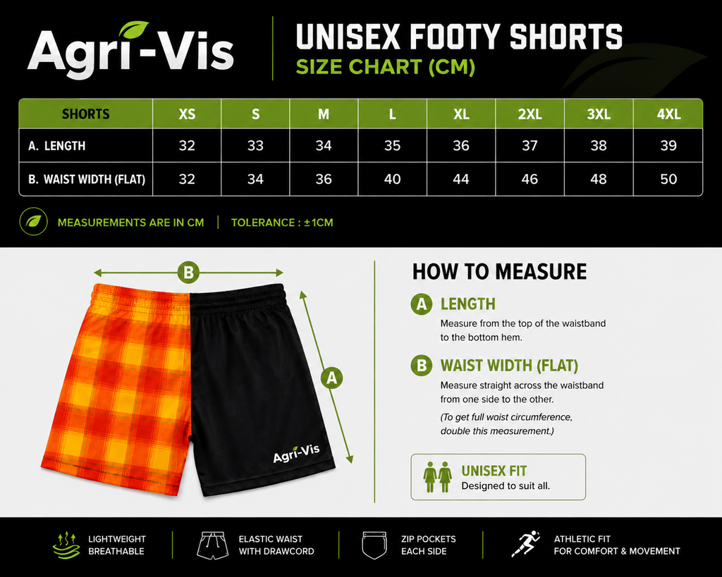 Agri-Vis unisex footy shorts size chart with measurement guide and examples.