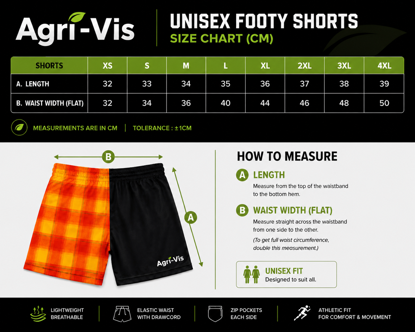 Agri-Vis unisex footy shorts size chart with measurement guide and examples.