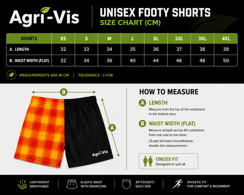 Agri-Vis unisex footy shorts size chart with measurement guide and examples.